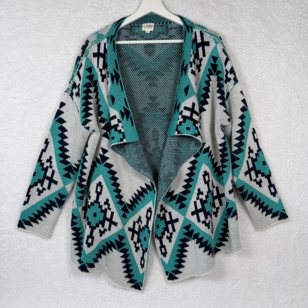 b Sharp Womens Cowgirl  Southwestern Mohair Blend Open Cardigan Teal Black‎ L